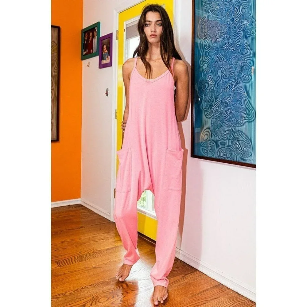 Hot for Harem Drop Crotch Jumpsuit in Neon Pink